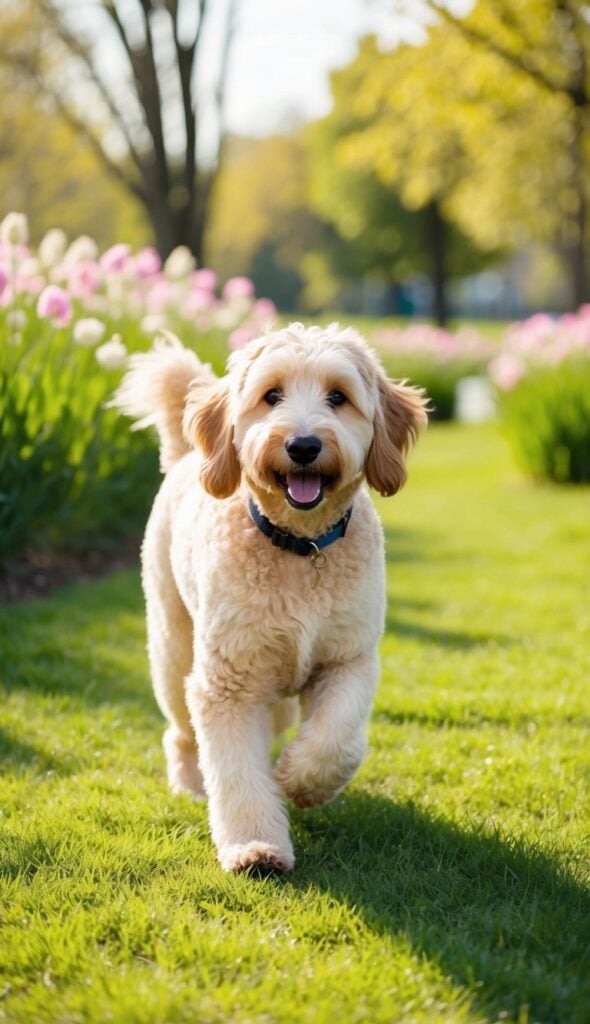 Should I Trim My Goldendoodle For Summer? Lexie And I Share Tips 2 A Cheerful Goldendoodle With A Fluffy Coat Plays In A Sunlit Park, Surrounded By Blooming Flowers And Tall Grass