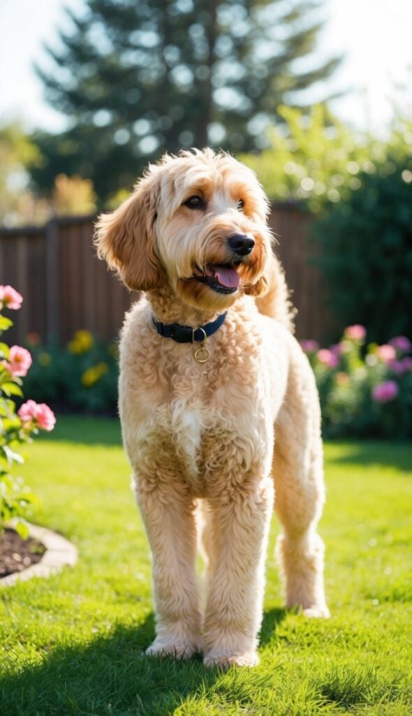 Should I Trim My Goldendoodle For Summer? Lexie And I Share Tips 3 A Goldendoodle Stands In A Sunny Backyard, Surrounded By Blooming Flowers And Green Grass. Its Fluffy Coat Glistens In The Sunlight, With A Gentle Breeze Ruffling Its Fur