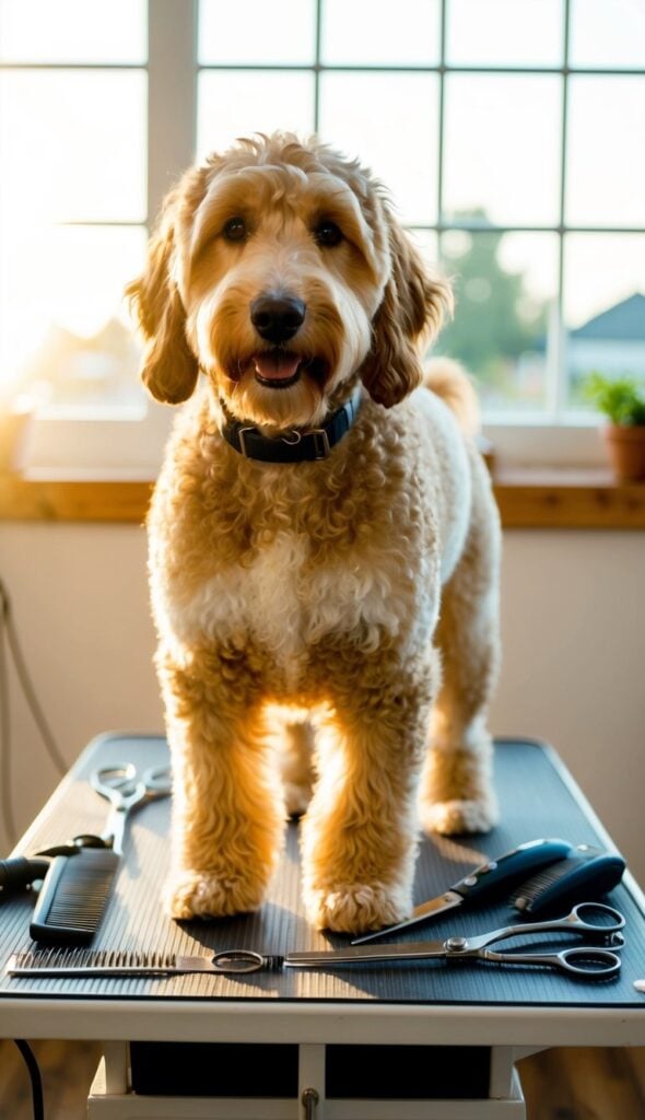 Should I Trim My Goldendoodle For Summer? Lexie And I Share Tips 4 A Goldendoodle Stands On A Grooming Table, Surrounded By Scissors, Clippers, And Combs. The Sun Shines Through A Window, Casting A Warm Glow On The Fluffy Coat