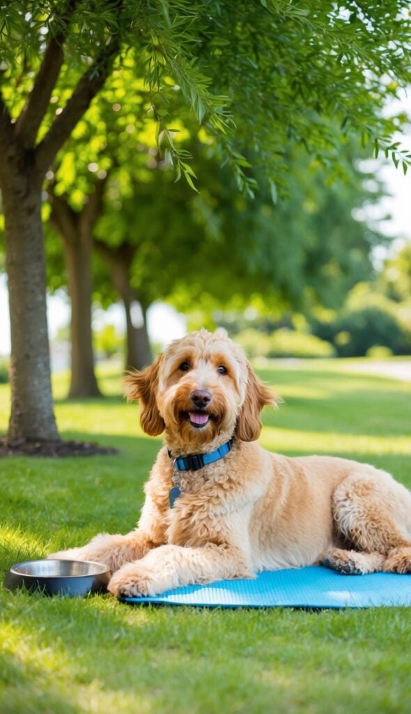 Should I Trim My Goldendoodle For Summer? Lexie And I Share Tips 5 A Goldendoodle Lounges Under A Shady Tree, A Gentle Breeze Ruffling Its Long, Fluffy Coat. A Water Bowl And A Cooling Mat Are Nearby, Ensuring Its Comfort In The Summer Heat