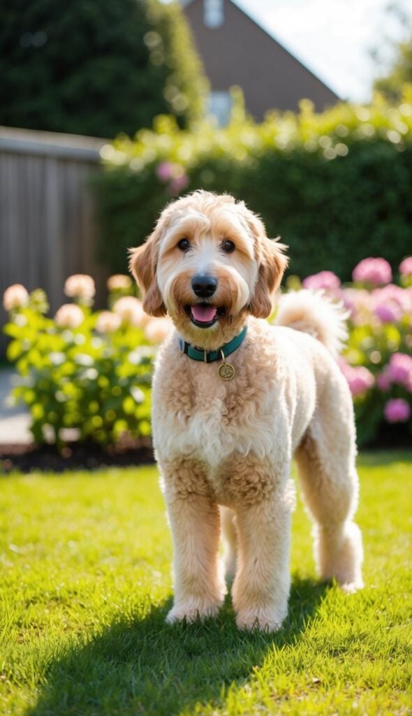 Should I Trim My Goldendoodle For Summer? Lexie And I Share Tips 1 A Smiling Goldendoodle Stands In A Sunny Backyard, Surrounded By Blooming Flowers And Lush Green Grass. Its Fluffy Coat Is Slightly Trimmed, With Patches Of Fur Glistening In The Sunlight