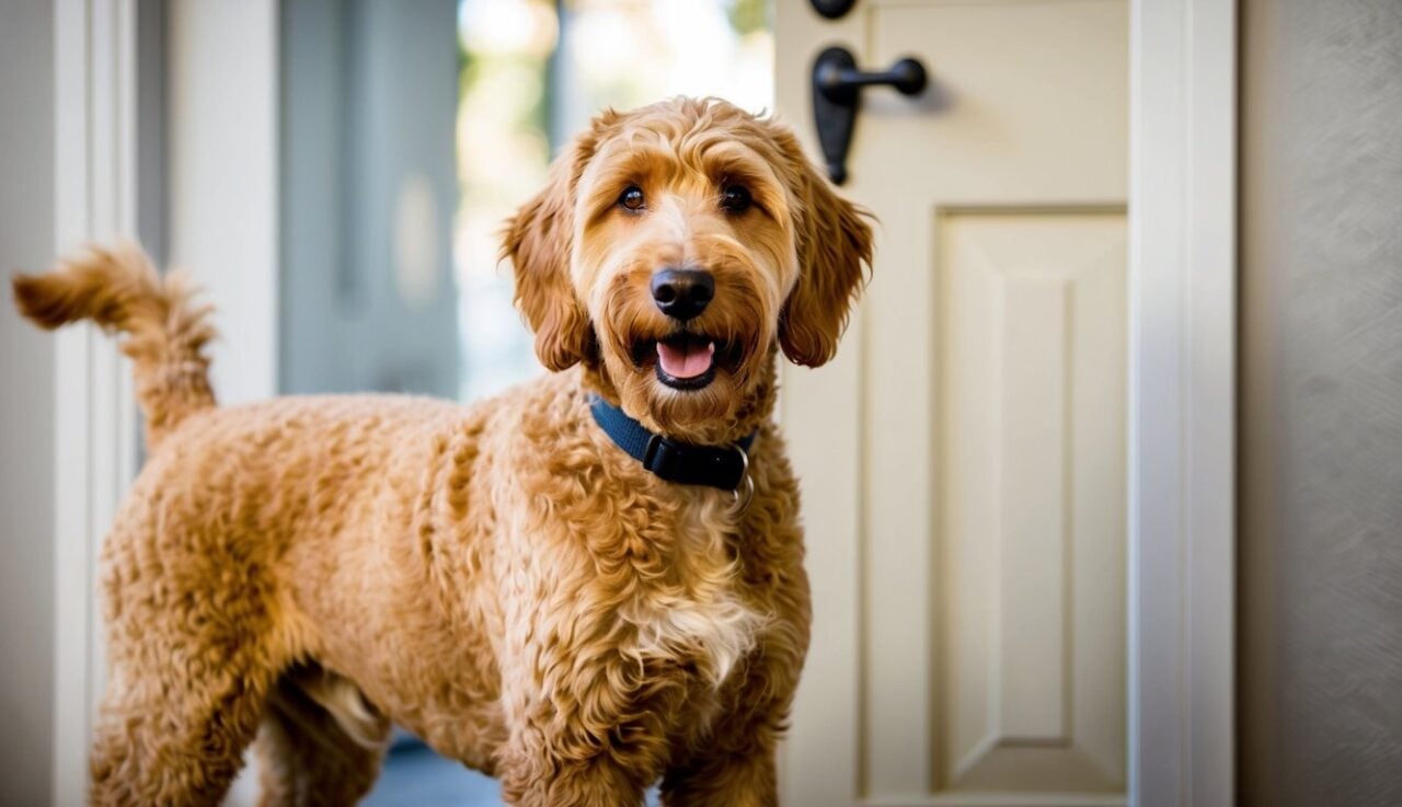 Are Goldendoodles Protective Of Their Owners? My Experience 3 A Goldendoodle Stands Alert, Facing The Door, With A Confident And Protective Stance, Ready To Defend Its Owner