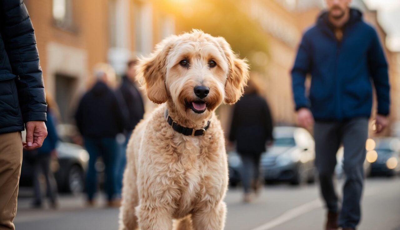 Are Goldendoodles Protective Of Their Owners? My Experience 4 A Goldendoodle Stands Alert, Ears Perked And Fur Slightly Raised, Positioned In Front Of Their Owner With A Watchful Gaze Towards An Approaching Stranger