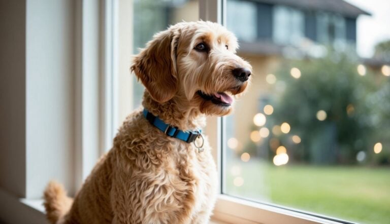 A Goldendoodle Stands Alert, Gazing Out A Window With A Gentle Expression, As If Guarding Its Home And Owner