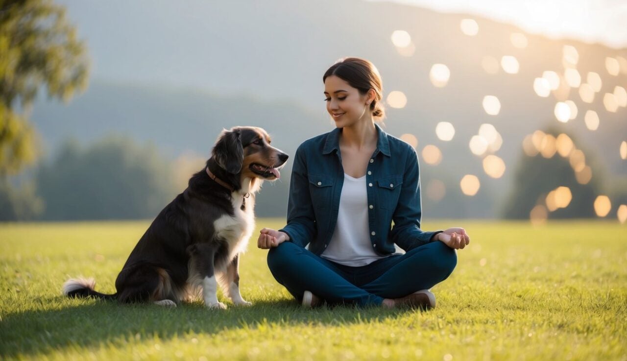 13 Ways To Calm An Anxious Dog: What Worked For Lexie And Me 4 A Person Sitting Cross-Legged Near A Relaxed Dog, Both Surrounded By A Peaceful Atmosphere